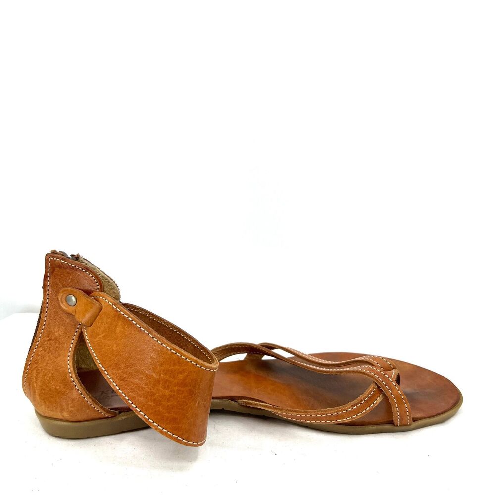 Klimatsakis Greek Leather Sandals Women EU 40 US 9 Tan Ankle Strap Thong Flat